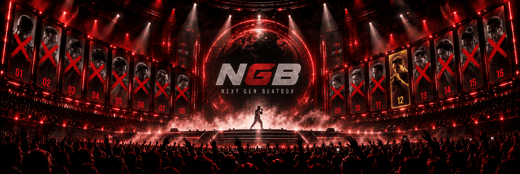 Next Gen Beatbox arena concept with sixteen competitor panels around a red-lit global stage