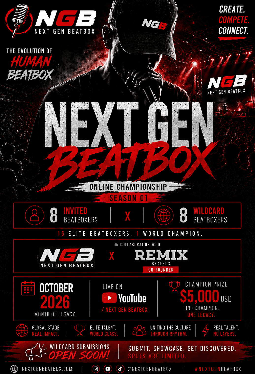 Next Gen Beatbox Season 01 promotional flyer announcing wildcard submissions open soon